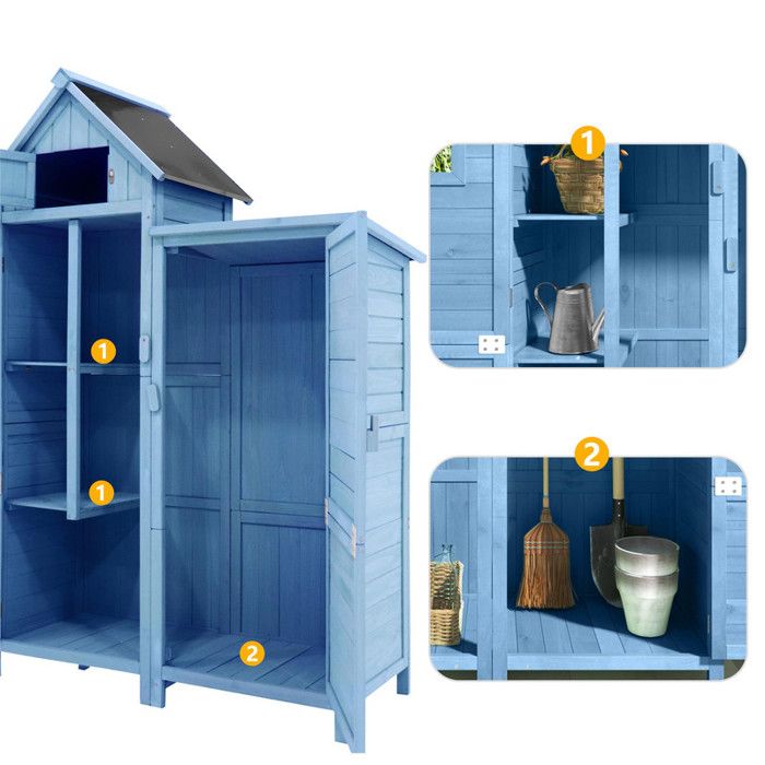 Abri De Jardin En Bois Robuste Avec étagères Et Toit étanche Bleu