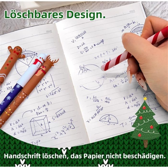Lot De 4 Stylos Gel Effaçables Noël - Motifs Père Noël, Bonhomme De Neige, Renne, Pain D'épice - Encre Thermique, Gomme Intégrée - Cadeau De Noël