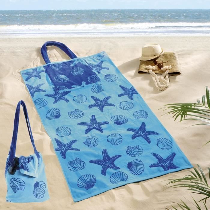 Serviette De Plage Lucca XL - 100x200 Cm - Coton Éponge Absorbant - Bleu Marine - Motif BEACH