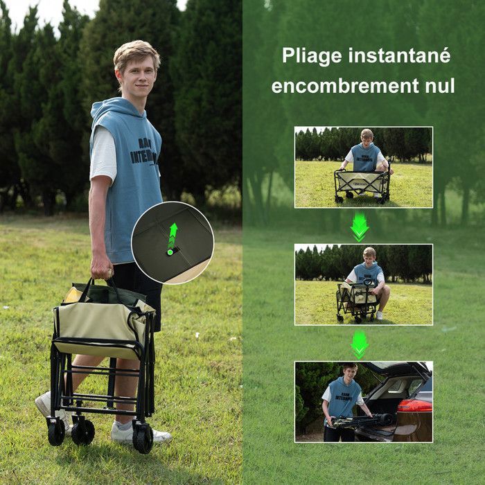 Chariot De Plage Healfith Pliable 200L - Charge 150kg - Roues Tout-Terrain - Poignée Réglable