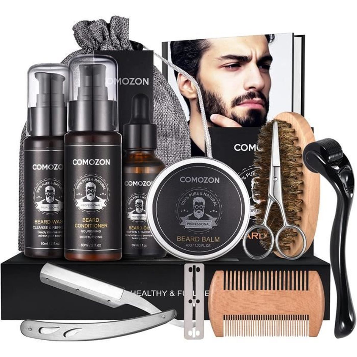 Kit Barbe Homme Complet 12 en 1 Kit de Soin Barbe Homme avec Rouleau Barbe Contenir Shampoing