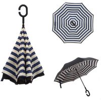 Parapluie Inversé - Anti-UV Double Couche Coupe-Vent Parapluie - Mains Libres poignée en forme Ç Parapluie(Bandes bleues)