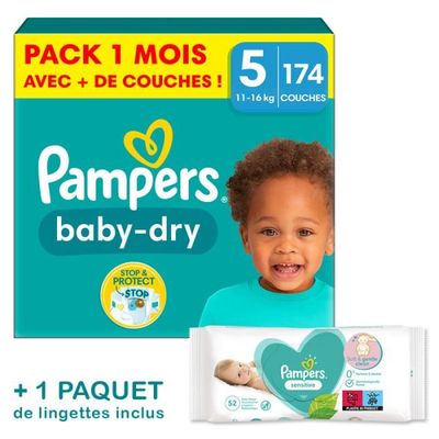 Pampers Couches Baby-Dry Taille 5 (11-16 kg), 174 Couches Bébé