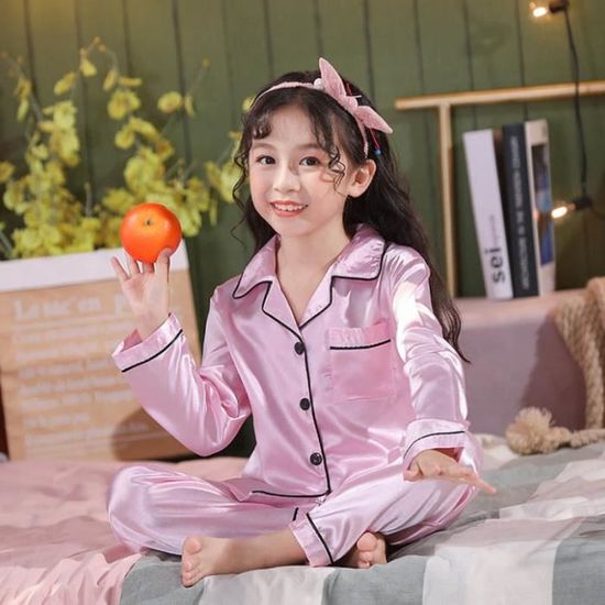 Pyjama En Satin Soyeux Pour Filles - Ensemble Haut Et Pantalon - Doux, Respirant, Lavable Machine