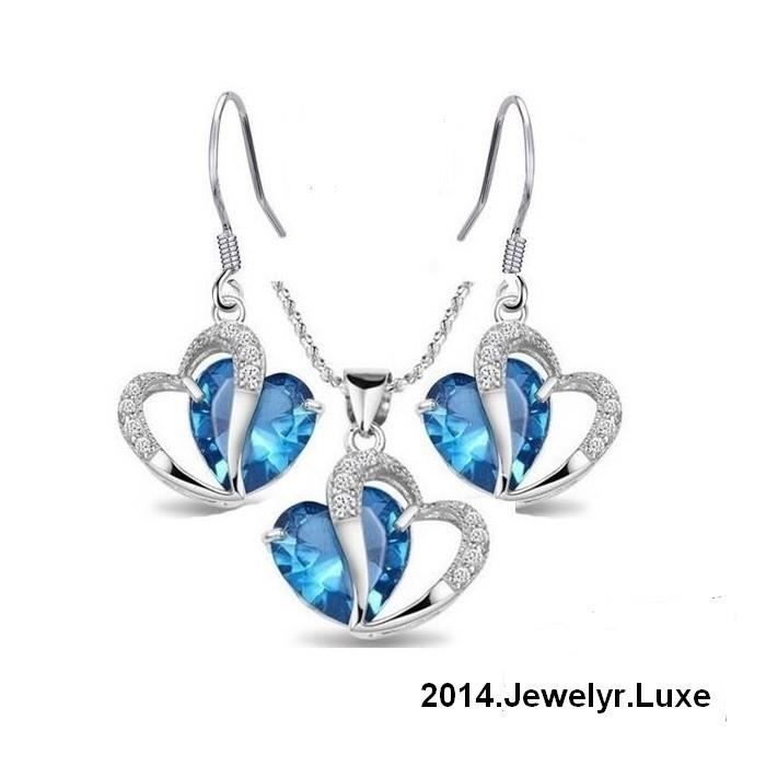 Parure Bijoux Coeur Cristal Swarovski Elements Turquoise Plaqué Or Blanc 750
