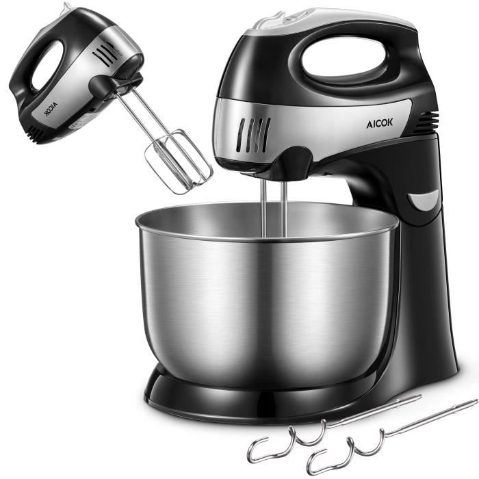 AICOK Batteur Fouet Électrique de Cuisine-2 en 1 Batteur à Oeufs sur Socle-Bol Acier Inox 3,5 L-5 Vitesses et Fonction Turbo