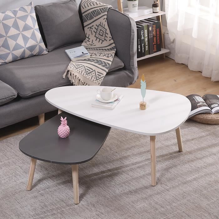 Lot de 2 Table Basse Gigognes Scandinaves Table de Café Bout de canapé en Bois et des Jambes en jambes en bois massif Blanche Trian
