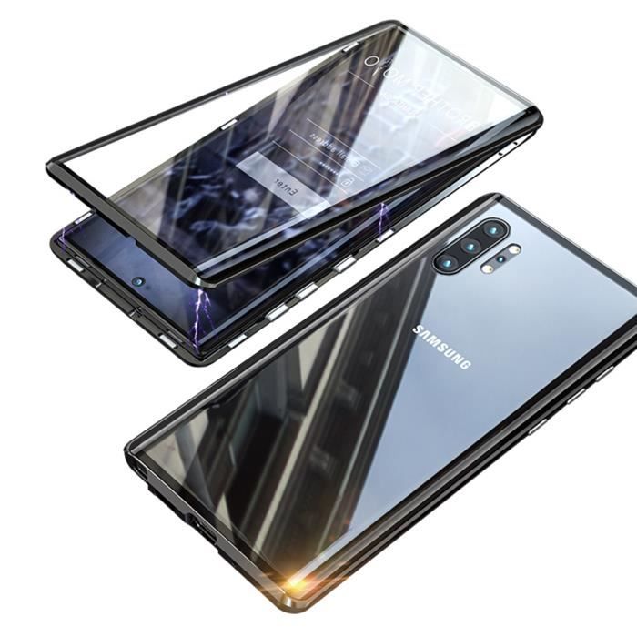 Coque Samsung Galaxy Note 10+, Étui Adsorption Magnétique Double face Verre trempé Couverture pour Samsung Galaxy Note 10+ -Noir