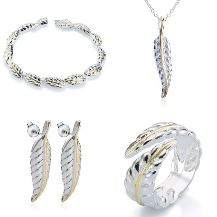Elegance Parisienne Parure de bijoux plume | Argent 925 plaqué | Collier Bague Bracelet Boucles d'oreilles | pour femme filles po