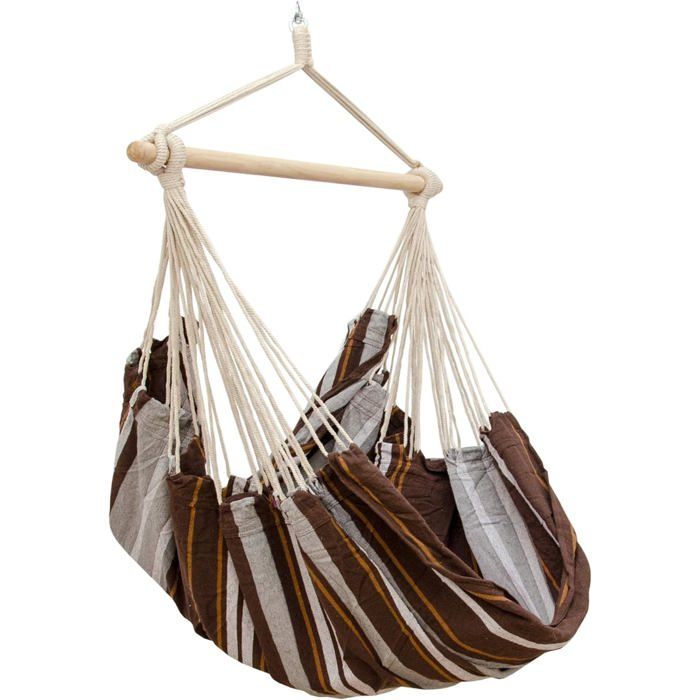 Hamac suspendu pour s'asseoir XXL 185x130cm 100% coton 150kg siège pour se balancer avec pivot 360° Marron Rayé
