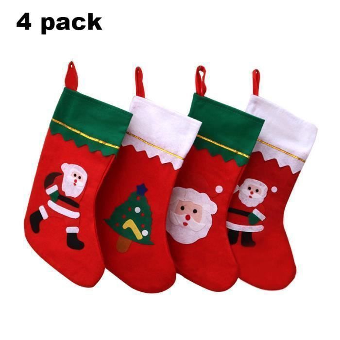 Chaussette de Noel, Décoration de Noël pour Arbre Cheminée Vitrine et Sac de Bonbons - Père Noël Bonhomme de Neige Renne (4pcs