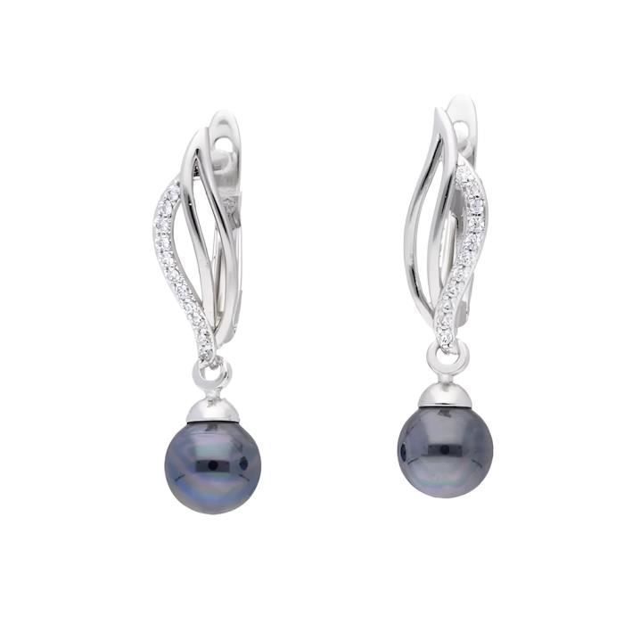 Boucles d’Oreille Dormeuses Perle Noire Nacrée Argent Fin 925 Rhodié