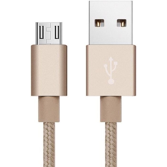 Câble Metal Nylon Renforcé Chargeur USB/Micro USB 1,5m Tréssé Couleur Or Compatible Samsung LG Sony Wiko Blackberry Motorola Asus