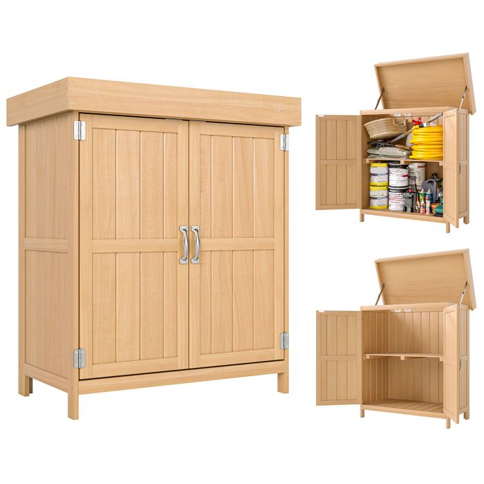 Armoire de jardin sur pied double porte étagère et toit bitumé relevable dim. 74L x 43l x 88H cm bois massif de pin 74x43x88cm Beige