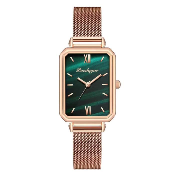 Montre Femme à Quartz - Acier - bracelet maille tressée en acier inoxydable , Bracelet en Or Rose , Cadran Vert