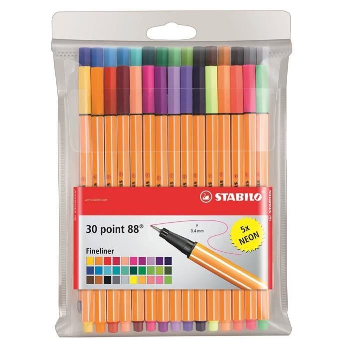 STABILO point 88 - Pochette de 30 stylos-feutres pointe fine - dont 5 couleurs fluo: Fournitures de bureau