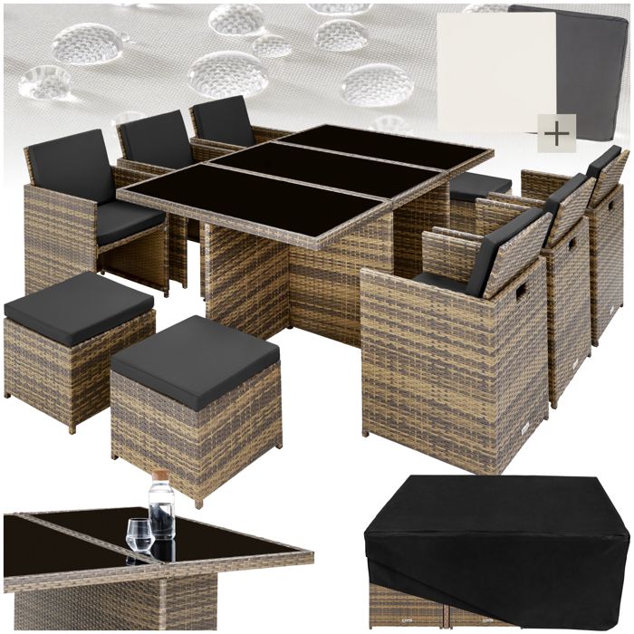 Salon de jardin NEW YORK 10 places avec 2 sets de housses + housse de protection, variante 2 - marron naturel