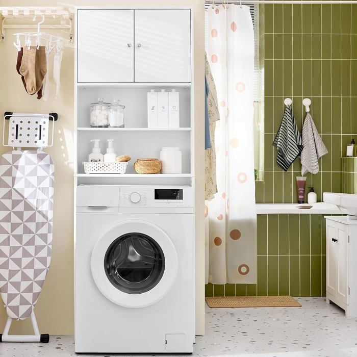SoBuy Meuble De Rangement Au-Dessus Machine À Laver Ou WC Avec Armoire 2 Portes Et Étagères Réglables Blanc 65x20x182cm