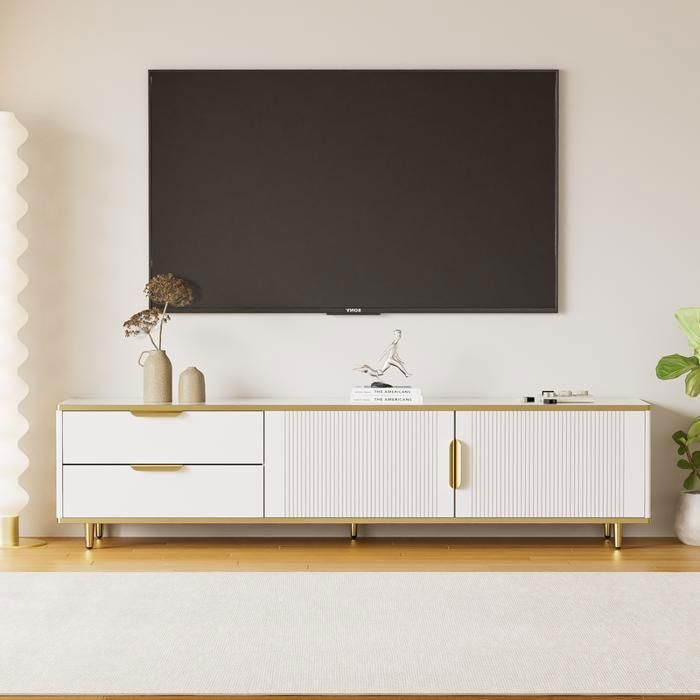 Meuble TV 175x40x45 cm avec 2 tiroirs et 2 Casiers grand espace de rangementcommode TV moderne aspect marbreblanc
