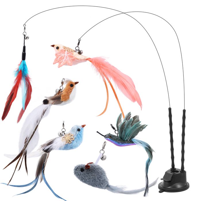Jouet Chat Automatique, Bâton de jeu avec Ventouse Double, 6 pièces de rechange en plumes, jouet baguette pour chat simulant
