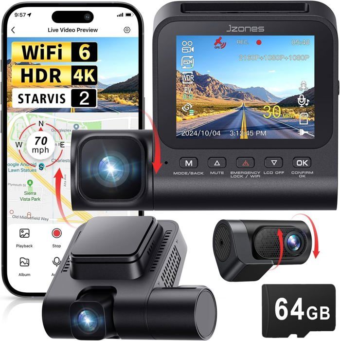Range Tour Dashcam Voiture Avant Avec Carte SD 64G, 1080P FHD 3" Caméra