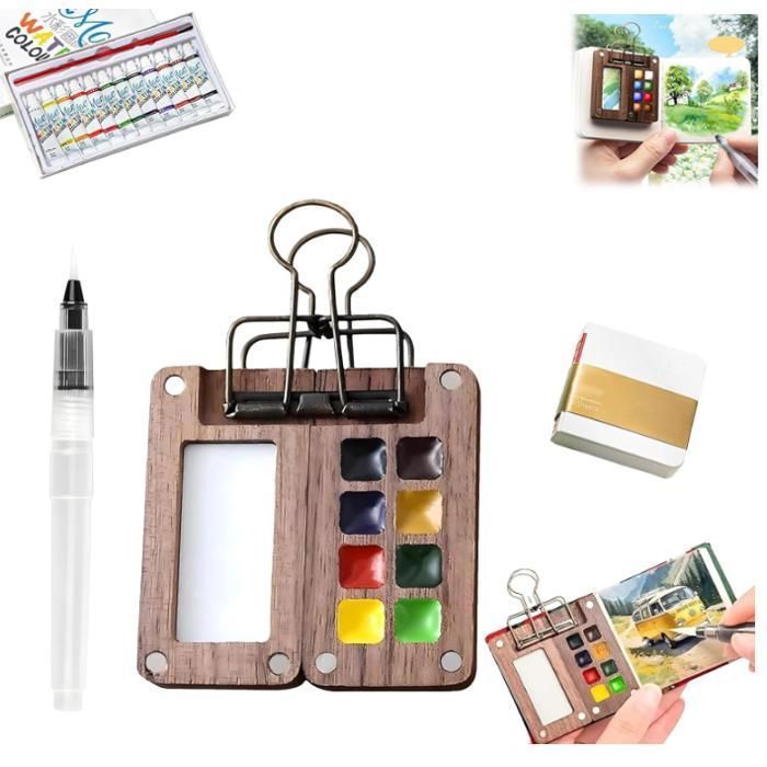 Funto Kit De Voyage Aquarelle 12 Couleurs – 10 Cartes Postales 300g, Pinceaux, Stylo Eau, Fineliner – Coffret Pour Adultes