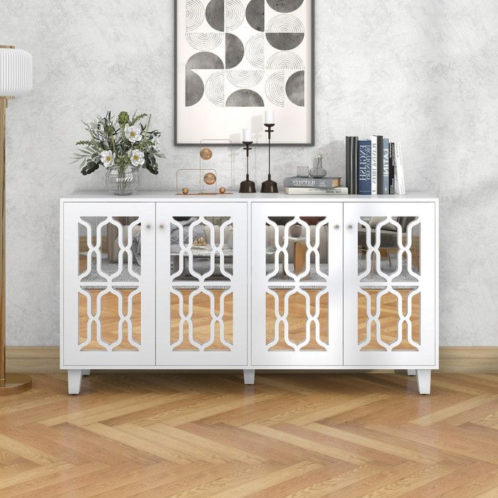 Buffet Blanc Miroir 160x40x84 cm Avec Poignées en Cristal Buffet de Cuisine avec Quatre Portes et Stratifié Amovible Buffet Haut