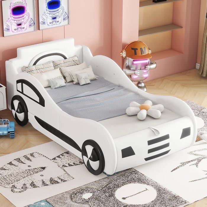 Lit plat 90x200cm lit à sommier à lattes (sans matelas) modèle lit voiture lit enfant avec espace de rangement sous le lit -