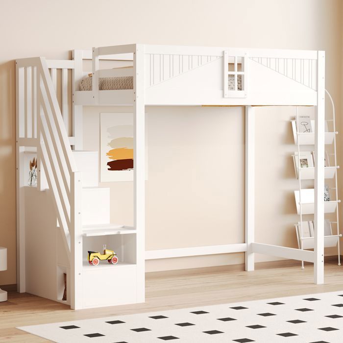 Lit mezzanine en bois massif 90x200 cm - Avec rangements et échelle - Avec garde-corps - Blanc (matelas non inclus) Lit mezzanine en bois massif 90x200 cm - Avec rangements et échelle - Avec garde-corps - Blanc (matelas non inclus)