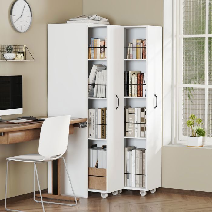 Bibliothèque extensible - MODERNLUXE - 51.5x41x158 cm - 4 étagères - Interchangeables - Roulettes - Blanc Bibliothèque extensible - MODERNLUXE - 51.5x41x158 cm - 4 étagères - Interchangeables - Roulettes - Blanc