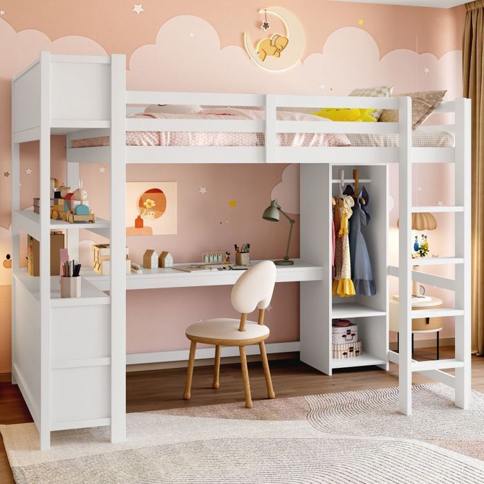 Lit Mezzanine 140x200 cm blanche avec bureau étagères penderie et rangements - livrée sans matelas Lit Mezzanine 140x200 cm blanche avec bureau étagères penderie et rangements - livrée sans matelas