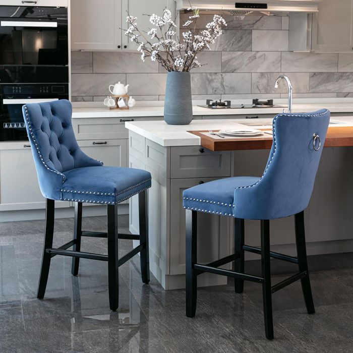 Tabouret bar Lot de 2 velours capitonné pieds bois garniture clous bleu Tabouret bar Lot de 2 velours capitonné pieds bois garniture clous bleu