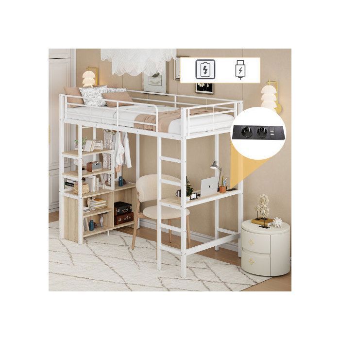 Lit mezzanine enfant - SOGEU - 90x200 - avec bureau - Métal & MDF - Prises USB