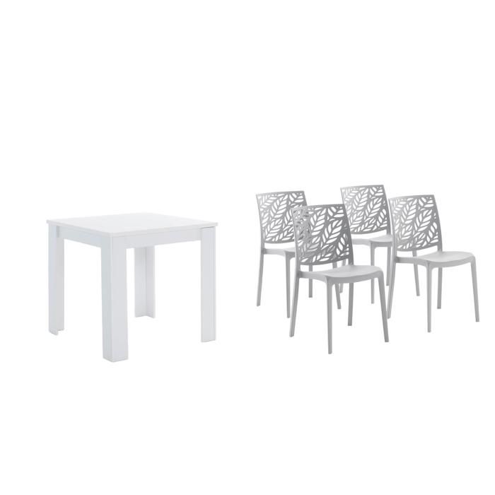 Ensemble de salle à manger avec table carrée ELVIS 80x80 en bois 4 chaises DAFNE en résine avec fibre de verre(Blanc/Gris clair)