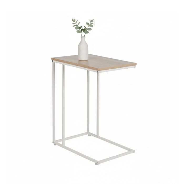 Table dappoint Relaxdays H x L x P : 64 x 50 x 35 cm MDF fer forme en C table basse glissante salon blanc/nature