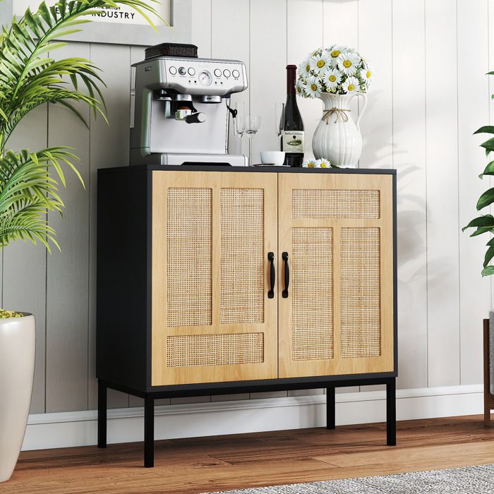 GIANTEX Buffet de cuisine avec 2 Portes en Rotin- Armoire de Rangement Bohême- Étagère Réglable- Entrée Salon- 80x38x81cm- Noir