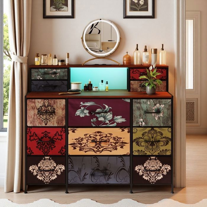 Coiffeuse Commode à Tiroirs avec LED et USB 13 Tiroirs en Tissu Armoire de Rangement Rétro pour Chambre Métal 110x28×98 cm