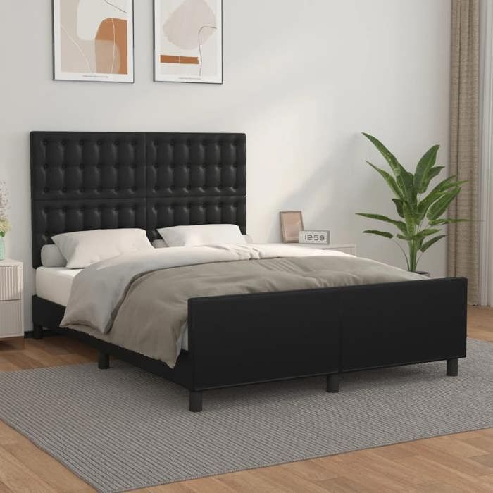 Structure de lit similicuir - UU - 140x190 cm - Noir - Similicuir - Hauteur réglable - Pieds robustes