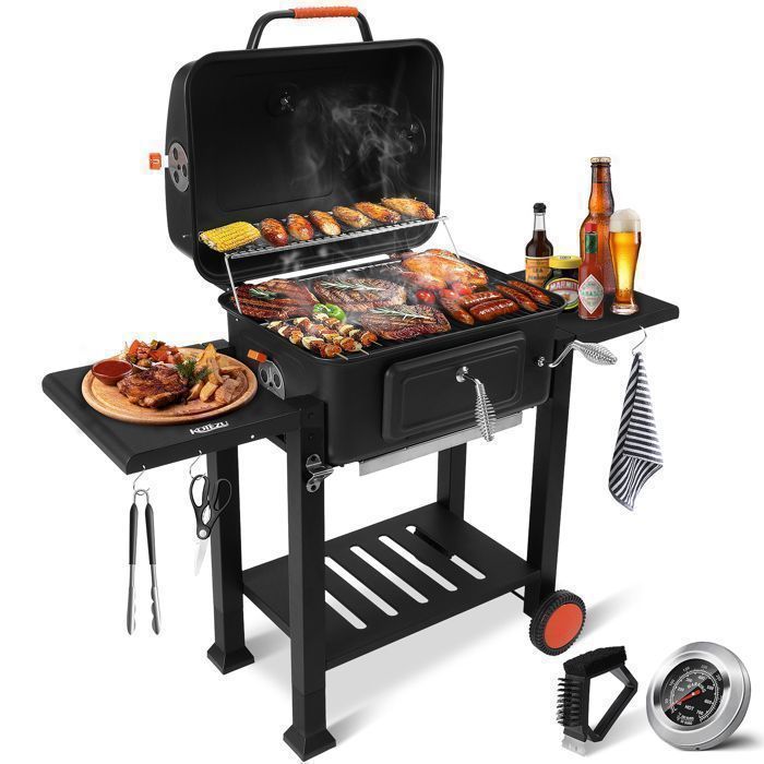 Kotezu Barbecue Charbon de Bois Couvercle et Bac à Charbon Réglable 54x43 cm Surface de grillade