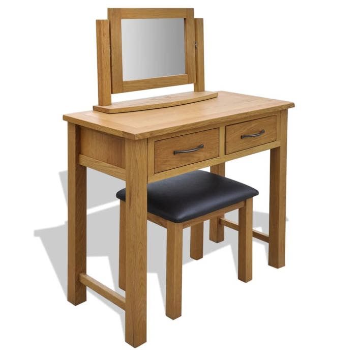 Coiffeuse en chêne massif - JILIS - Tabouret inclus - Miroir élégant - 86x40x80 cm - Finition laquée - Brun