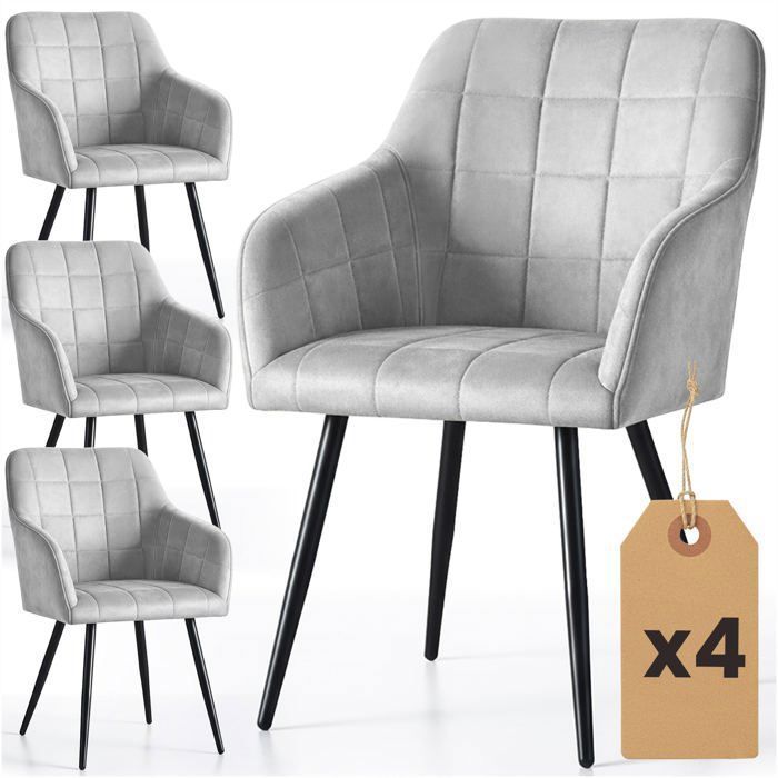 Lot de 4 Chaises rembourrées à surpiqûres carrées LUXANO Gris pieds noirs
