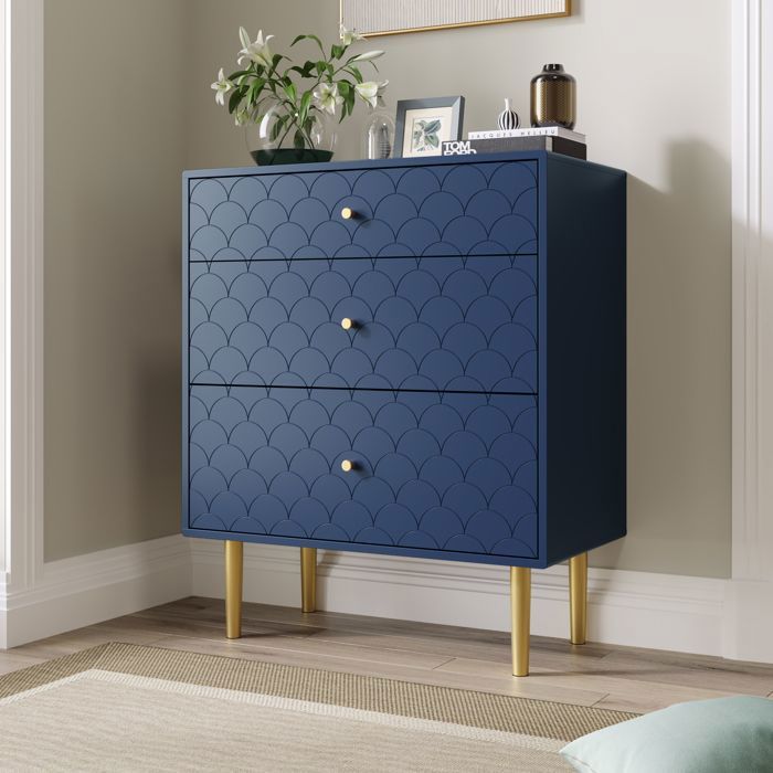 Commode 3 Tiroirs - Bleu Marine - MERAX - Meuble de Rangement Art Déco sur Pieds Métal pour Chambre et Salon - 75x40x89 cm Commode 3 Tiroirs - Bleu Marine - MERAX - Meuble de Rangement Art Déco sur Pieds Métal pour Chambre et Salon - 75x40x89 cm