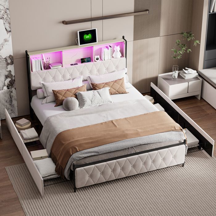 Lit double - Lit Double 180x200 Capitonné Beige - Velours capitonné - LED RGB intégrée - 4 tiroirs & ports USB/Type‑C