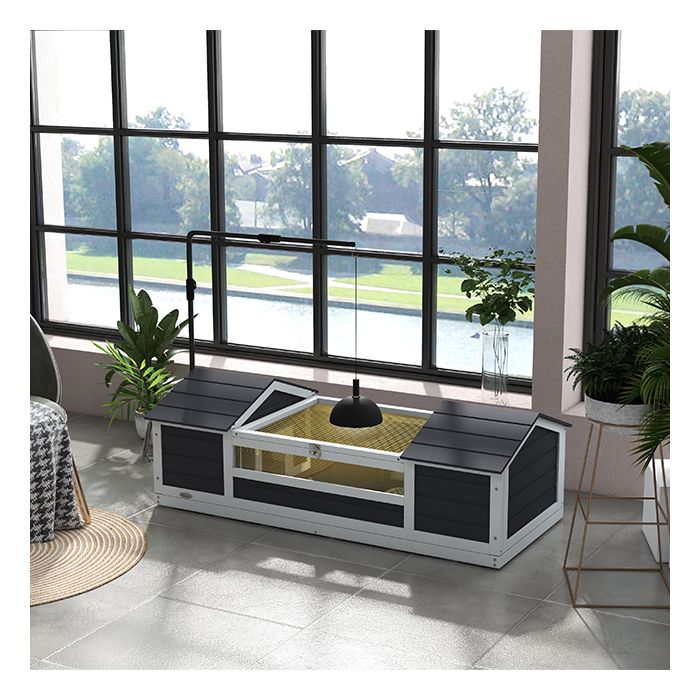 Meilleurs prix pour Enclos pour tortue terrestre - AKOZON - 9403 - 2 niches & aire de jeu - Support lampe réglable - Bois gris 120×565×43 cm