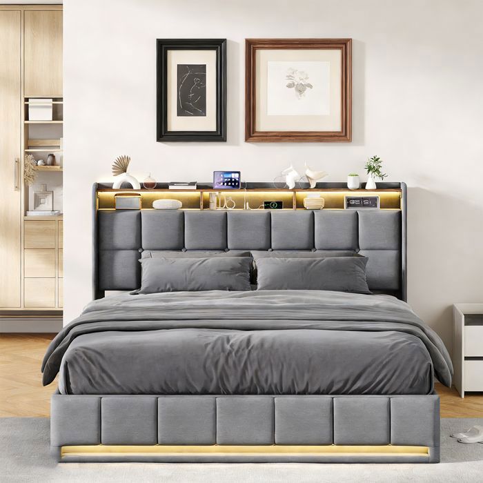 Lit 140x200 cm DRELYGWEA lit deux places LED sommier à lattes coffre de lit lit adulte 140x200 tissu lin gris
