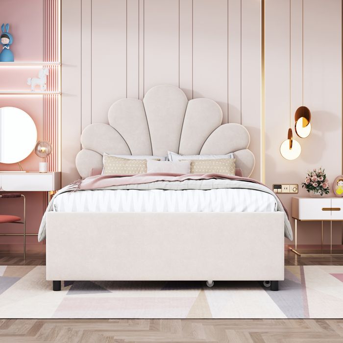 Lit - KOMHTOM - Tête Fleurie - 90x200 cm - 2 tiroirs - Velours beige