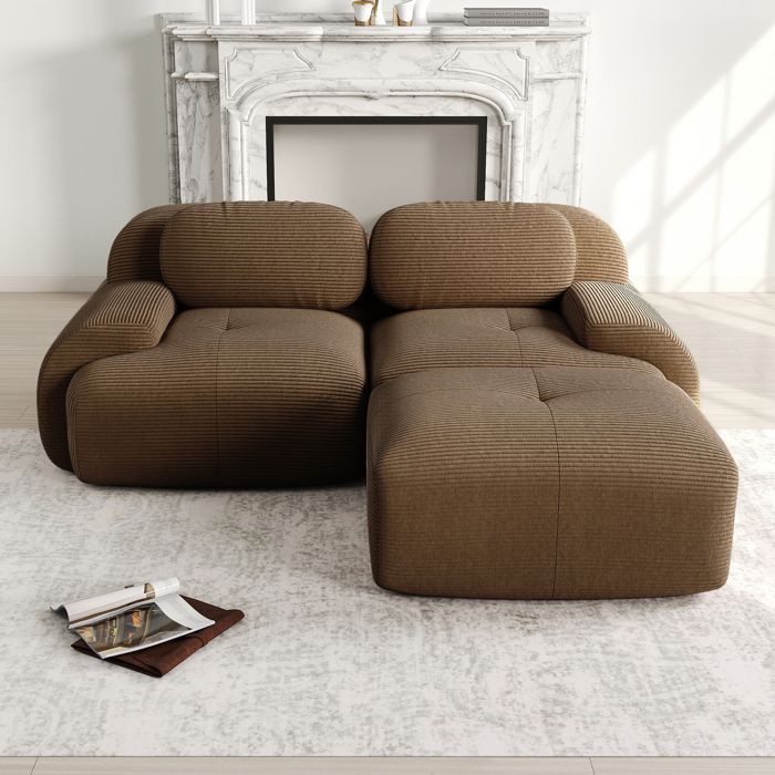 Canapé dangle modulable - Velours côtelé - 208x178x75 cm - Marron - Sans montage - Accoudoirs courbés