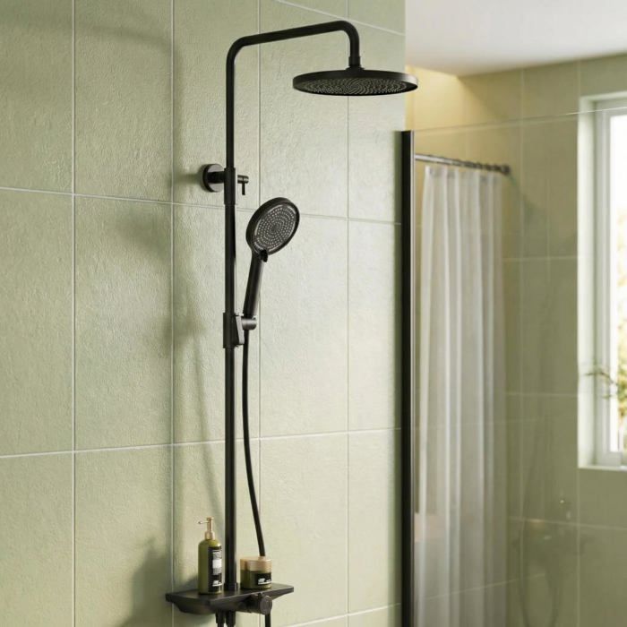 Douchette extensible - LUNSY - 25x25 cm - Noir - Acier inoxydable - Canal en cuivre - Étagère intégrée - Jets multiples