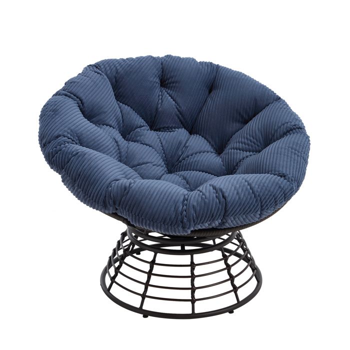 VLIVRA Fauteuil Papasan Pivotant 360° avec Coussin Épais Rembourré en Acier et Rotin PE Bleu Marine Ø92 × 67 cm