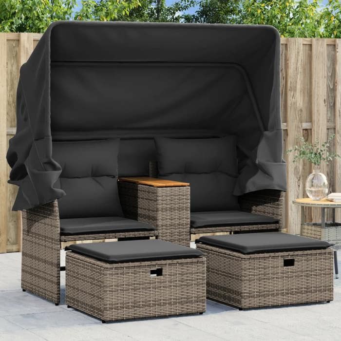 Promo étéCanapé/Sofa Terrasse - SWEETY - Noir - Canapé de jardin - 2 places - avec auvent et tabourets gris rotin 144x92x69cm 7805